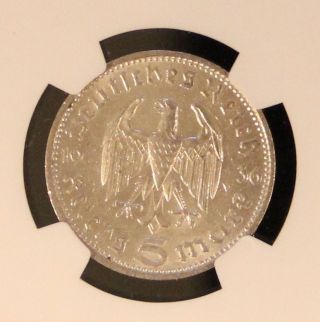 Ngc Au - 55 1936 - D Five Reichsmark Nazi Hindenburg Silver Coin 5 Marks No Swastika photo