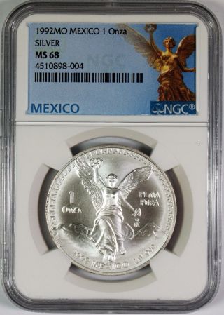 1992 Mexico Libertad 1 Onza 1 Oz.  Plata Pura Silver Coin Ngc Ms68 photo
