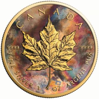 2017 1 Oz Silver Maple Leaf Aquarelle Coin.  - 24k Gold Gilded And photo