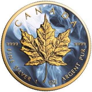 2017 1 Oz Silver Maple Leaf Blue Magic Coin.  - With 24k Gold Gilded,  Box And photo