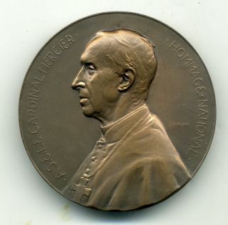 Belgium Cardinal Mercier Bronze Medal By J.  Jourdain 1914 Wwi photo