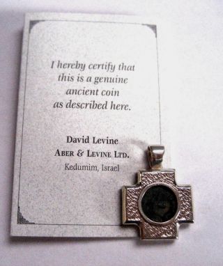 Ancient Widows Mite Coin Aber & Levine Sterling Silver Cross Pendant photo