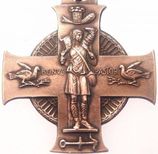 The Good Shepherd & Saint Cecilia - Exquisite Antique Bronze Cross Medal Pendant photo