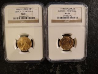 Pair (2) 1914 Belgium Gold 20 Francs.  French & Flemish.  Ngc Ms64 & Ms65 photo
