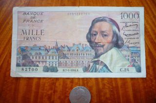 1000 Francs Bank Note France 1954 Very Good photo