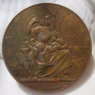 Antique French Art Nouveau Bronze Medal Chaplain Protection Of The Baby Children photo