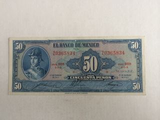 50 Peso Mexico Banknote 1965 Unc.  Allende Bbb photo