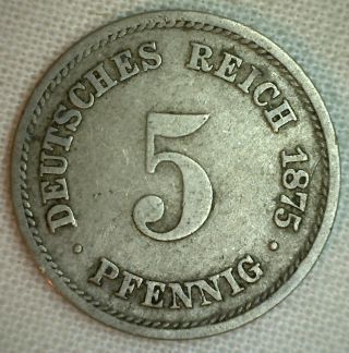 1875 F German Empire 5 Pfennig Germany Coin Very Fine P photo
