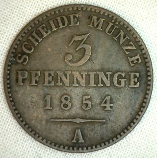 1854 A German States Prussia 3 Pfennig Km 453 Copper Yg World Coin P photo