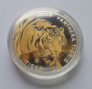 Tiger 1oz Gold Gilded Proof Silver Coin Diamonds Eyes 100 Tenge Kazakhstan 2009 photo