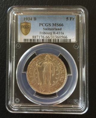 Switzerland 1934 Fribourg Festival 5 Francs Ag Coin Pcgs Ms 66 photo