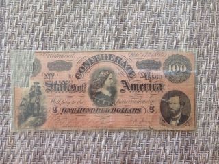 1864 $100 Dollar Bill Confederate States Currency Civil War Note Paper Money photo