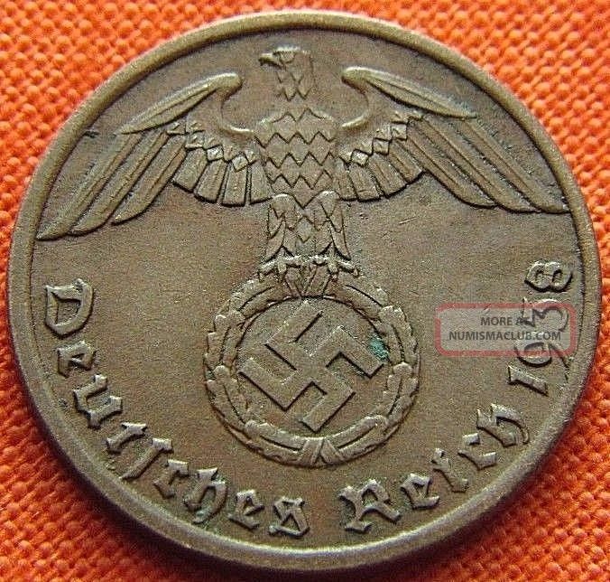 Ww2 German 1938 - A 1 Rp Reichspfennig 3rd Reich Bronze Nazi Coin (rl 1951) Germany photo