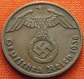 Ww2 German 1938 - A 1 Rp Reichspfennig 3rd Reich Bronze Nazi Coin (rl 1951) photo