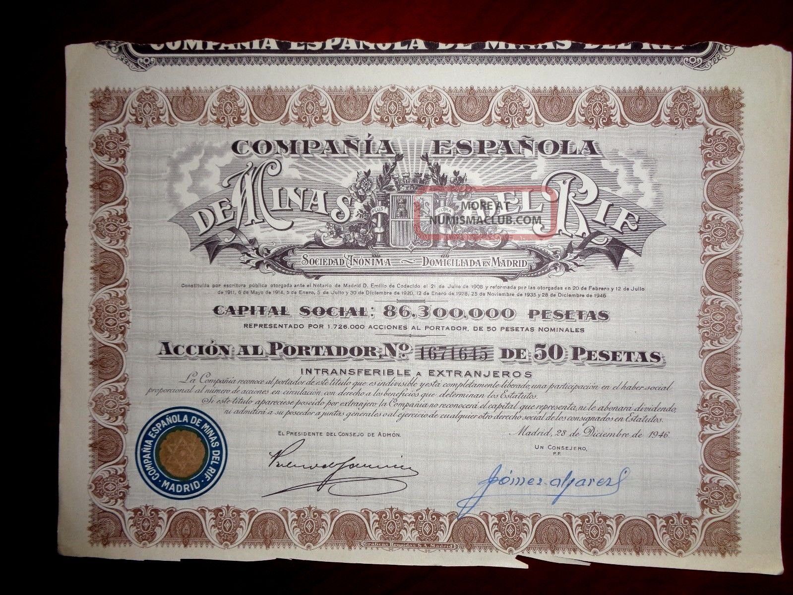 Minas Del Rif,  Share Certificate 1946 Spain Vg World photo