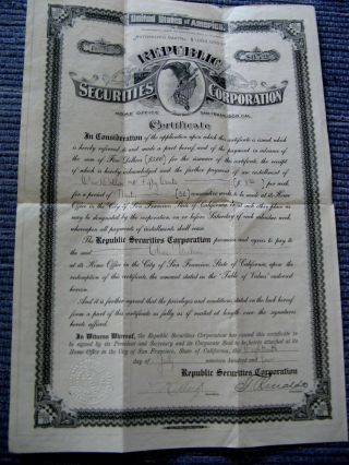 1904 San Francisco Republic Securities Corp Certificate - Bond Stock Savings ? photo