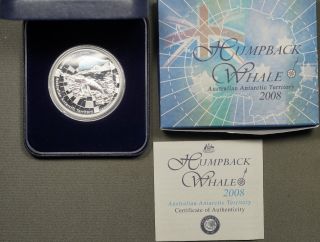 2008 Antarctic Series Humpback Whale Silver Proof Coin W/ Box & photo