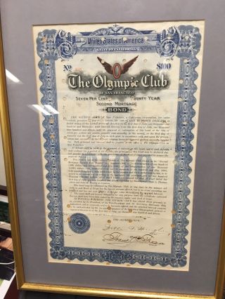 1915 Rare Olympic Club Bond Certificate photo