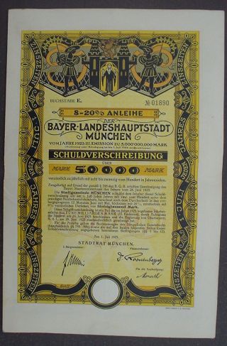 City Of Munich 50000 Mark 8 - 20 Bond To Bearer Uncacelled,  Complete Coupon Sheet photo