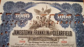 Jamestown,  Franklin & Clearfield Railroad Bond Stock Certificate N.  Y Central photo