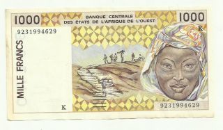 West African States 1.  000 Francs 1992 9231994629 Circulated Banknote photo