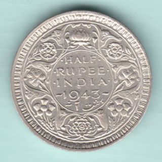 British India - 1943 - King George Vi Emperor - Half Rupee - Rare Silver Coin photo