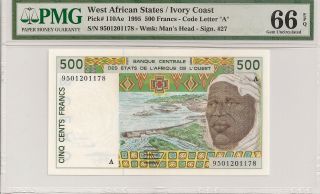 P - 110ae 1995 500 Francs,  West African States/ Ivory Coast,  Pmg 66epq photo
