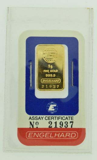 Scarce Vintage Engelhard U.  S.  A.  5 Gram Fine.  9999 Gold Bar In Assay Card 21937 photo