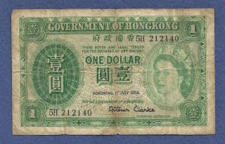 Hong Kong (british) 1 Dollar 1958 Banknote 5h 212140 - Queen Eiizabeth Ii At Left photo