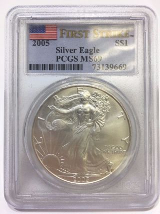 2005 Pcgs Ms 69 First Strike Silver American Eagle One Dollar $1 Coin photo