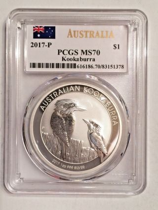 2017 - P Australia 1$ Kookaburra Flag Label Pcgs Ms70 1oz.  999 Silver photo