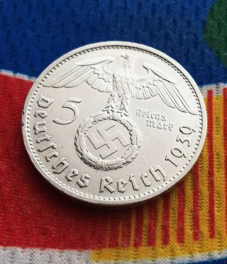 1939 B 5 Mark German Ww2 Silver Coin Third Reich Swastika Reichsmark photo