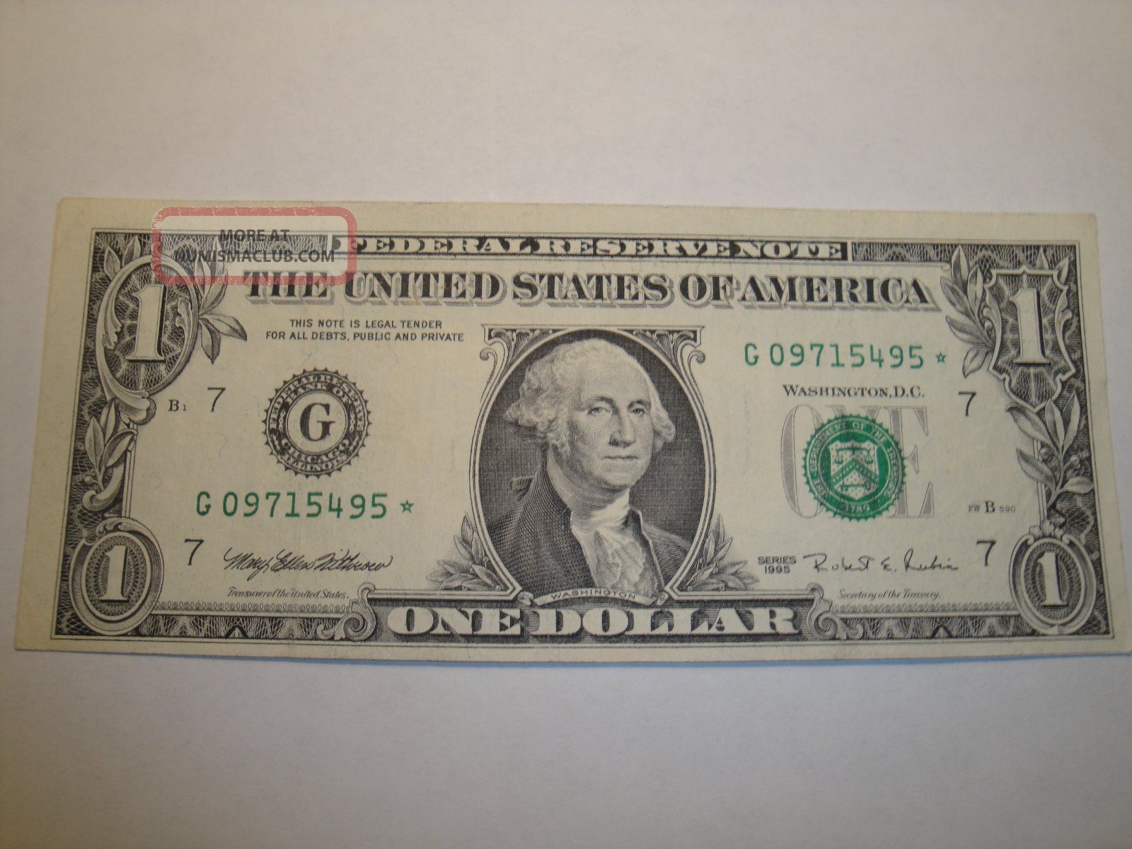 (1) $1.  00 Series 1995 Federal Reserve Star Note Au Circulated. Small Size Notes photo