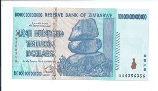 Zimbabwe 100 Trillion Dollars Banknote Note Bill 2008aa Unc Wth Authenticity photo