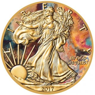 2017 1 Oz Silver American Eagle Aquarelle Coin - 24k Gold Gilded,  Box And photo