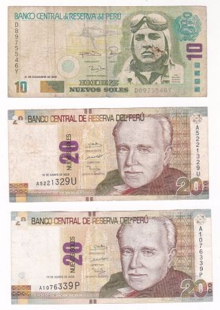 Peru: Banknote - 1 X 10 & 2 X 20 Nuevos Soles 2006 & 2009 (a214) photo