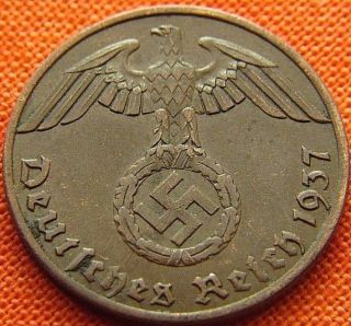 Ww2 German 1937 - A 1 Rp Reichspfennig 3rd Reich Bronze Nazi Coin (rl 1947) photo