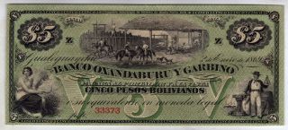 Argentina El Banco Oxandaburu Y Garbino 5 Pesos Bolivianos 1869,  Unc photo