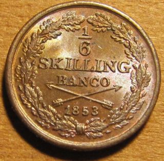 Sweden 1853 1/6 Skilling Pretty Choice Bu With Toning & Luster photo