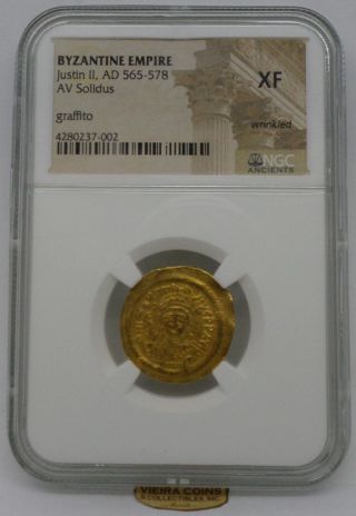 Ad 565 - 578 Byzantine Empire Gold Justin Ii,  Av Solidus,  Ngc Xf Wrinkled - B947 photo