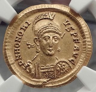 Honorius 397ad Authentic Gold Solidus Ancient Roman Coin Ngc Au I58859 photo