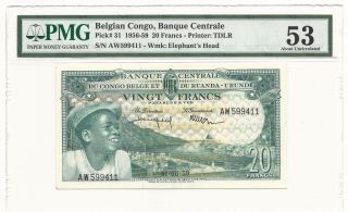 1959 Belgian Congo 20 Francs,  Pmg 53 Crisp Au,  P - 31,  100 Banknote photo