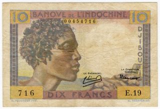 French Somaliland 1946 Issue 10 Francs Banknote,  Scarce Crisp Vf.  Pick 19. photo