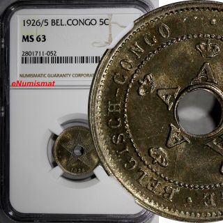 Belgian Congo Albert I 1926/5 5 Centimes Overdate Ngc Ms63 Key Date Scarce Km 17 photo