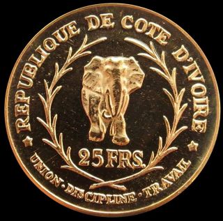 1966 Gold Ivory Coast 25 Francs Elephant Coin Proof Mintage 2,  000 photo