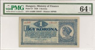 P - 57 1920 1 Korona,  Hungary,  Ministry Of Finance,  Pmg 64epq Finest Known photo