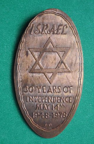 Israel Elongated Penny Usa Cent 1948 1978 Souvenir Coin 30 Years Of Independence photo