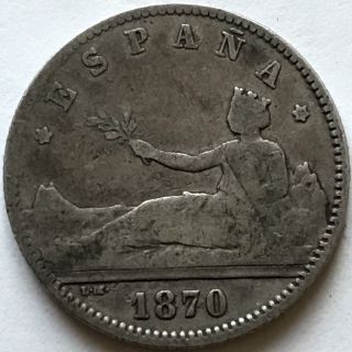 1870 Silver (73) De - M Spain Una Peseta Km 653.  835 Silver Coin photo
