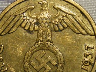 1937 Rare Old Wwii Nazi Hitler Germany 3rd Reich Brass Munich 5 Pfennig War Coin photo