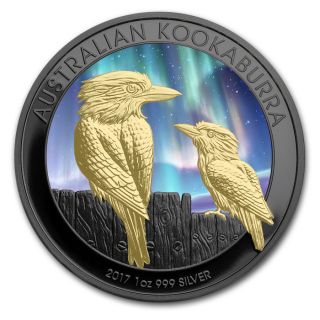 2017 1 Oz Silver Southern Lights Kookaburra Coin,  W/ 24kt Gold Gilded (box N) photo